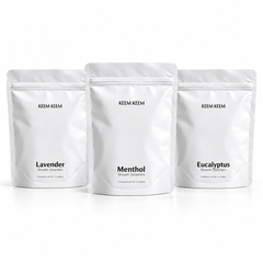 Keem Keem Menthol, Eucalyptus, and Lavender Shower Steamer in the old packaging on a white background.