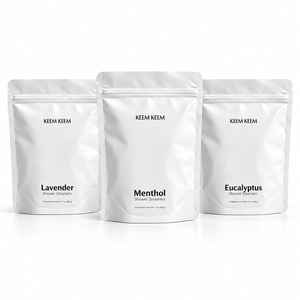 Keem Keem Menthol, Eucalyptus, and Lavender Shower Steamer in the old packaging on a white background.