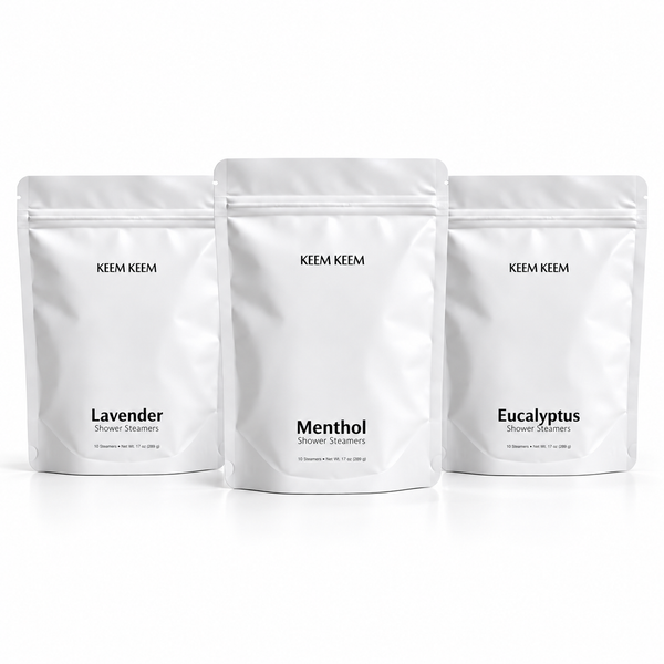 Keem Keem Menthol, Eucalyptus, and Lavender Shower Steamer in the old packaging on a white background.
